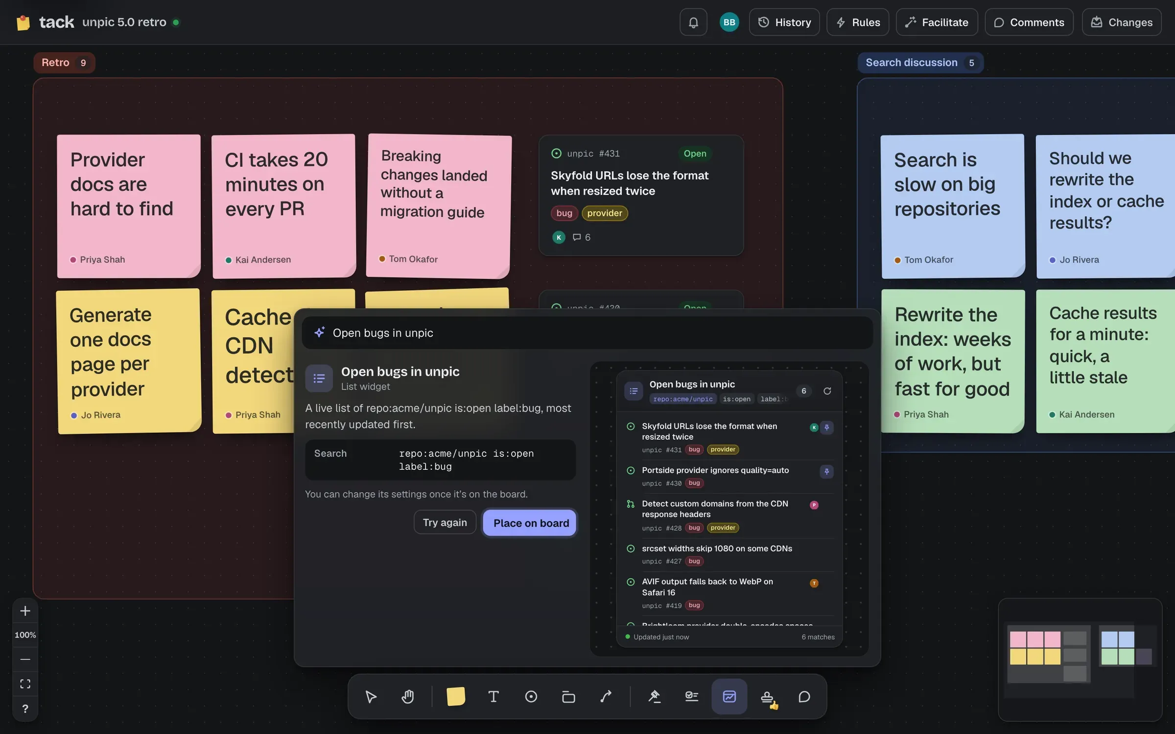 Asking for “Open bugs in unpic”: the AI chose a list widget, says its search in words, and previews the list live with six open bugs, with Try again and Place on board.