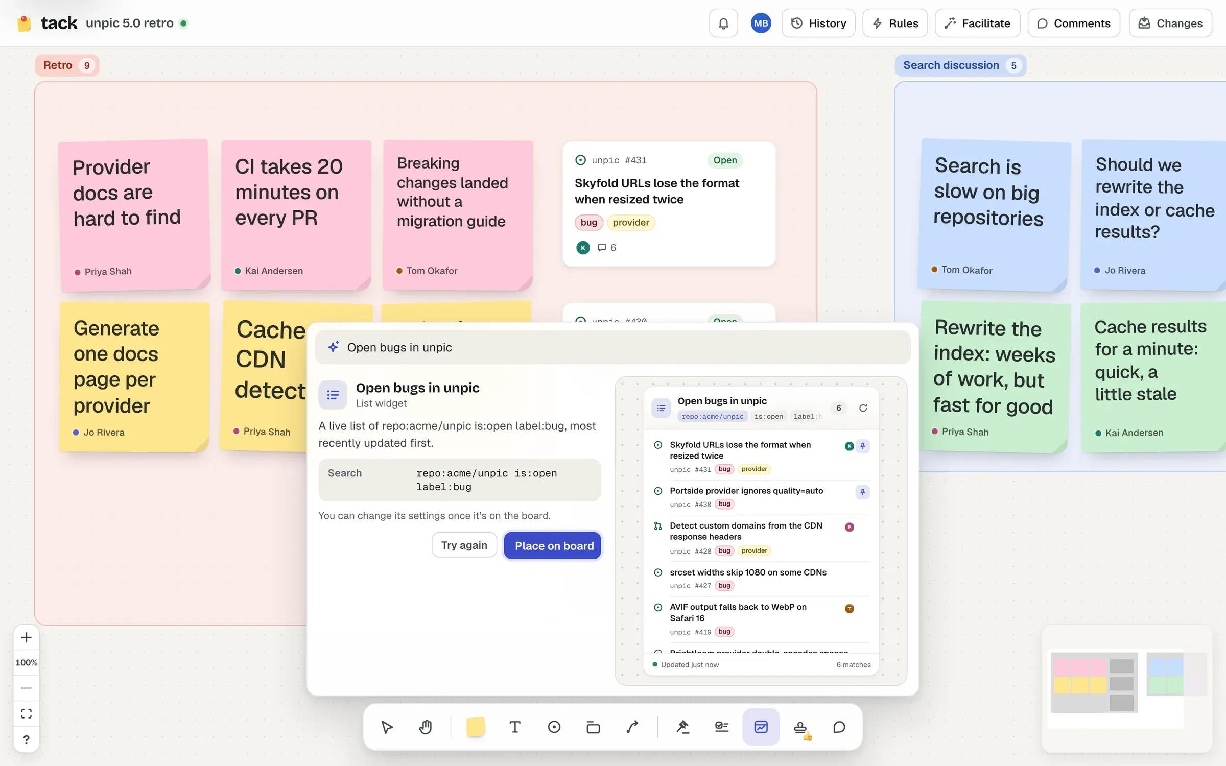 Asking for “Open bugs in unpic”: the AI chose a list widget, says its search in words, and previews the list live with six open bugs, with Try again and Place on board.