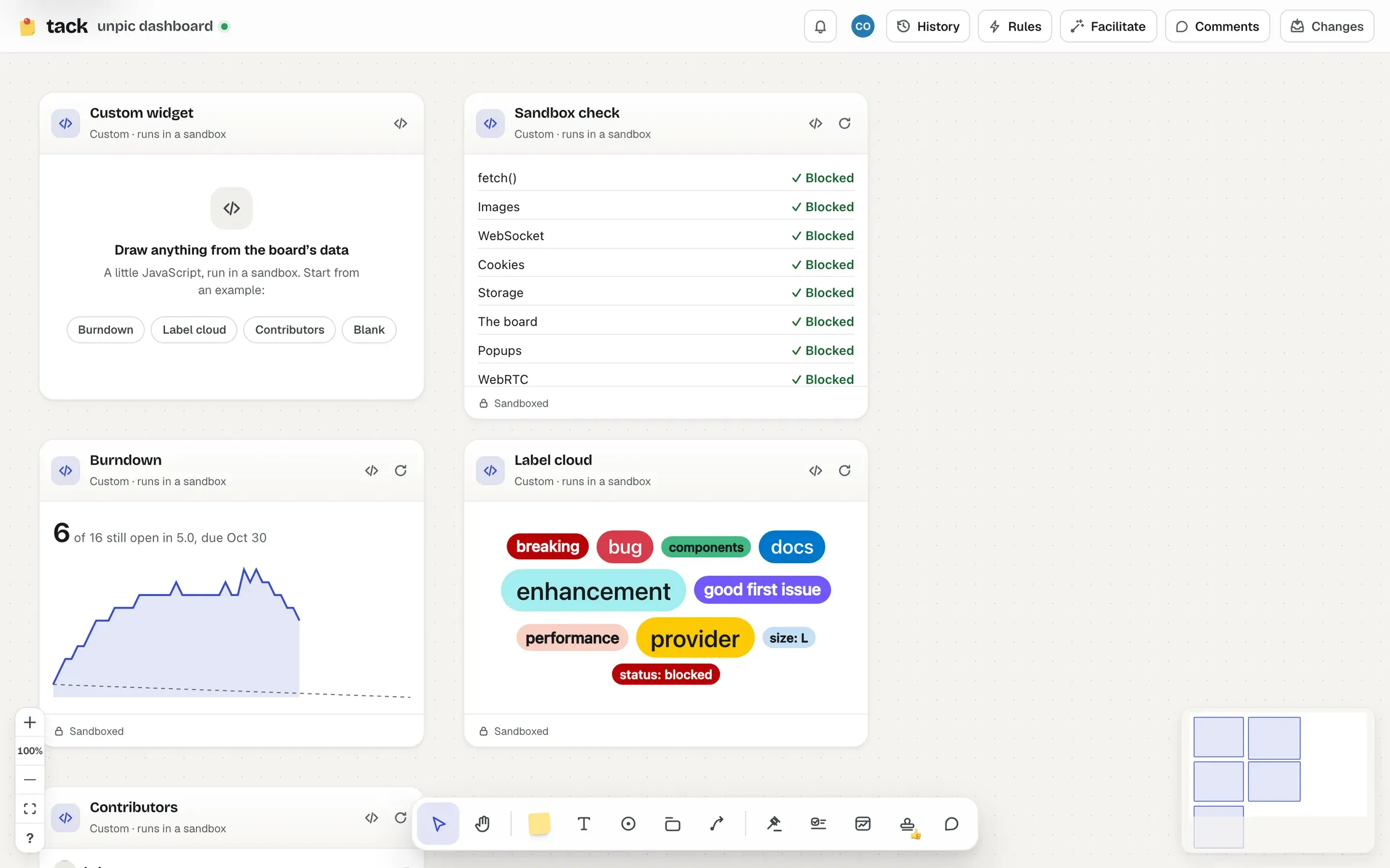 Custom widgets on a board: a new one offering Burndown, Label cloud, Contributors and Blank to start from; a sandbox check showing fetch, images, WebSockets, cookies, storage, the board, popups and WebRTC all blocked; a burndown of unpic 5.0; and a cloud of the repository's labels.