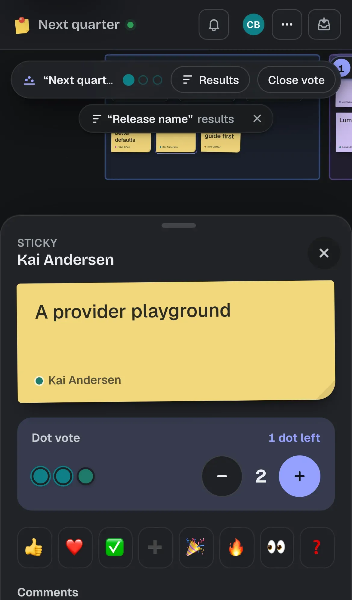 A phone with a sticky from a dot vote open in a sheet: its words big enough to read, the vote with two of your dots on it and one left, + and −, and stamps.