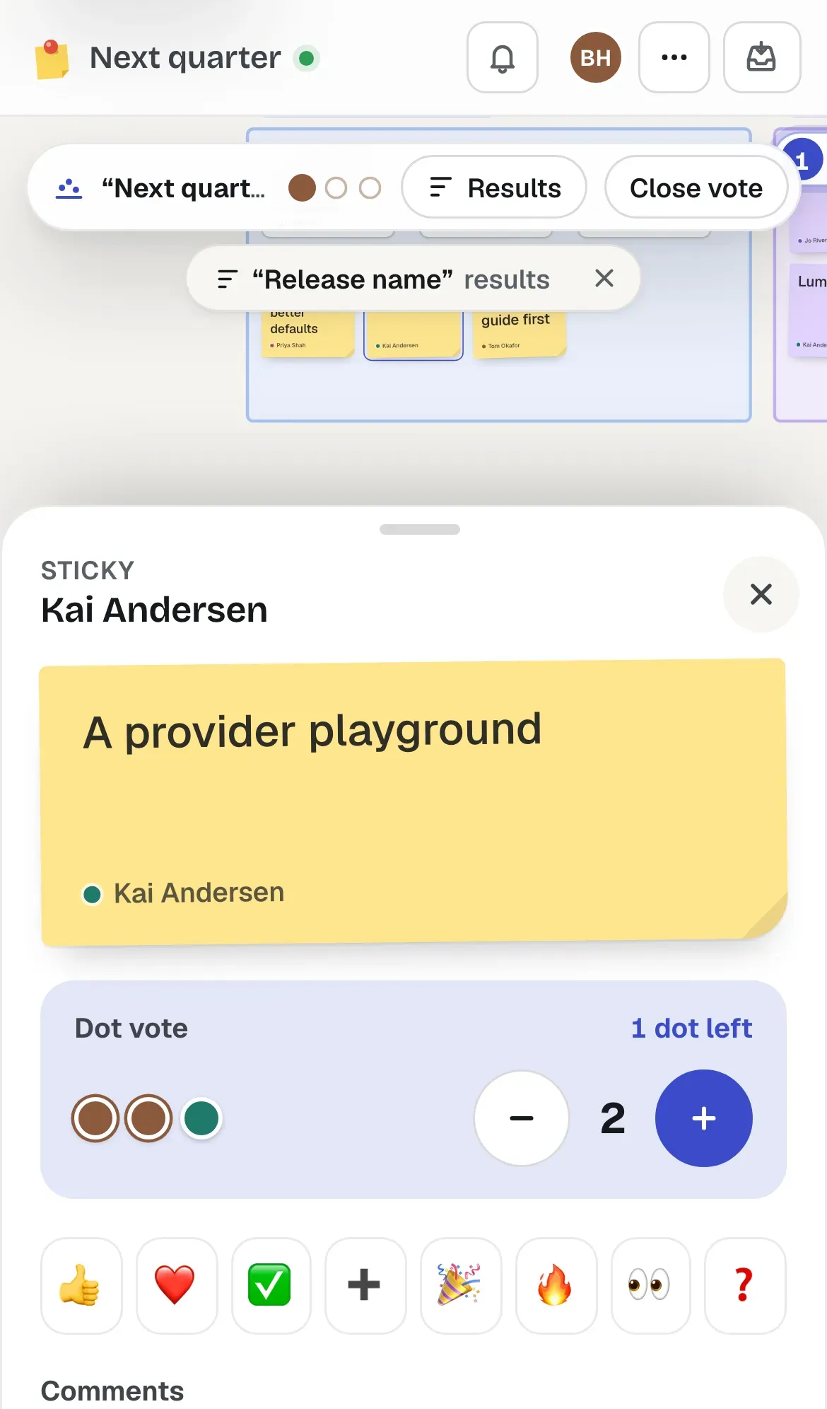 A phone with a sticky from a dot vote open in a sheet: its words big enough to read, the vote with two of your dots on it and one left, + and −, and stamps.