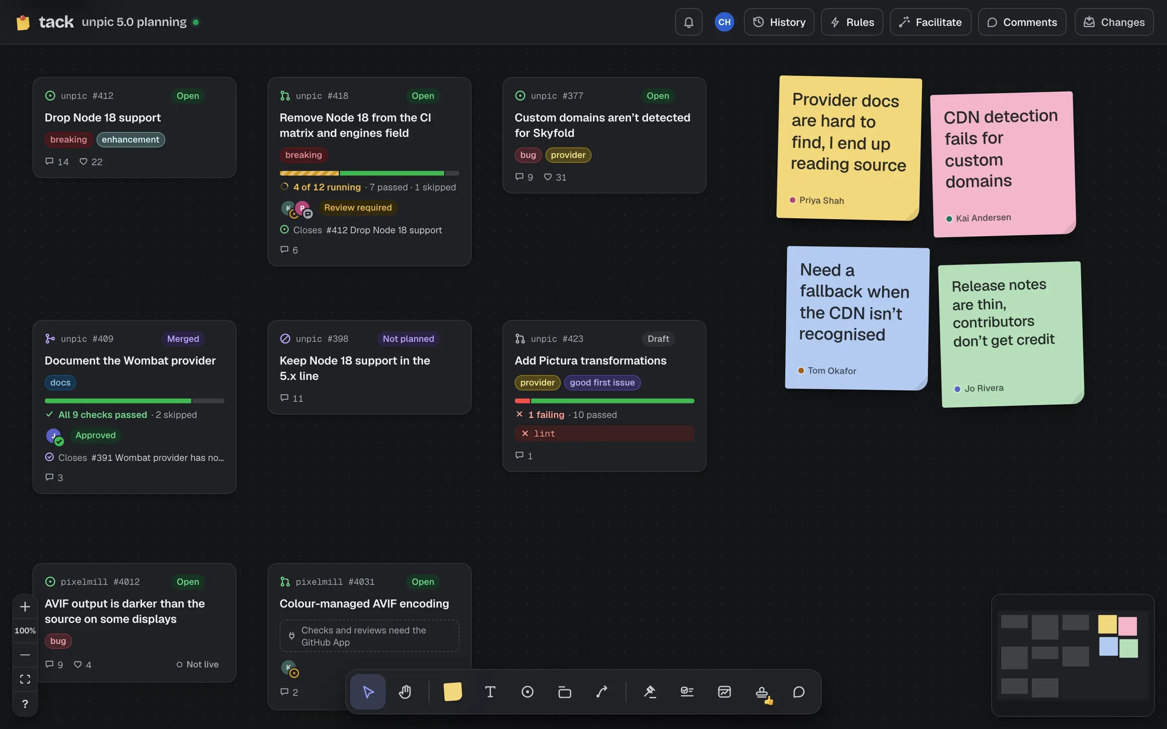 A planning board: issue and pull request cards with labels, CI and review state, and four stickies from the session.