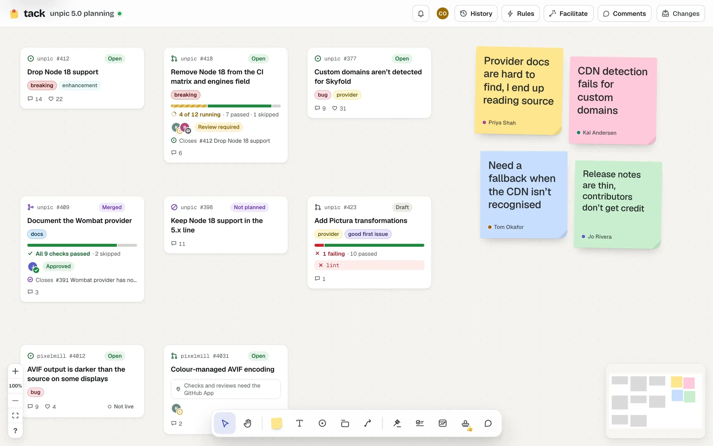 A planning board: issue and pull request cards with labels, CI and review state, and four stickies from the session.