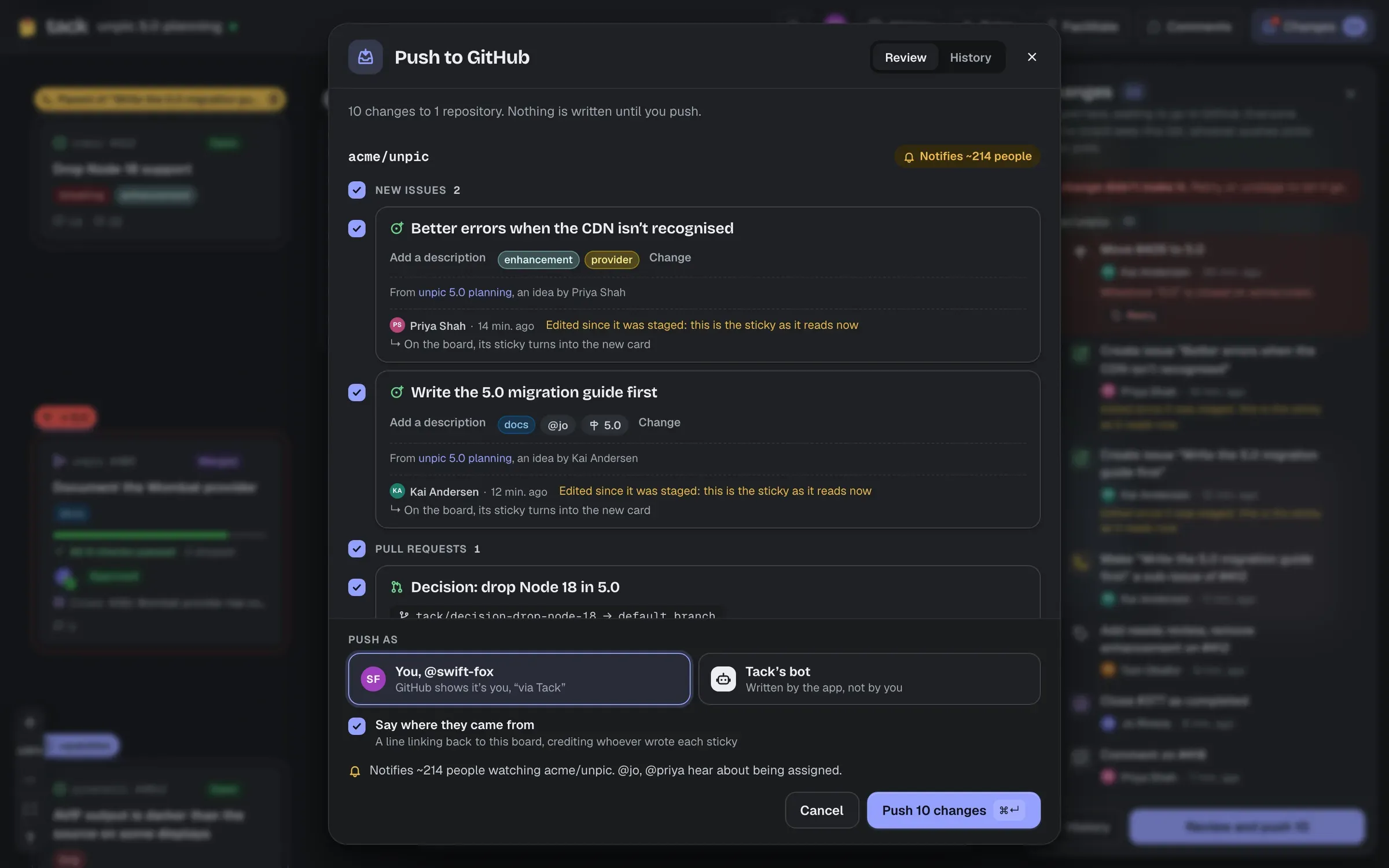The push sheet, listing two new issues with their bodies and labels, a pull request, and the choice between pushing as yourself or as Tack's bot.