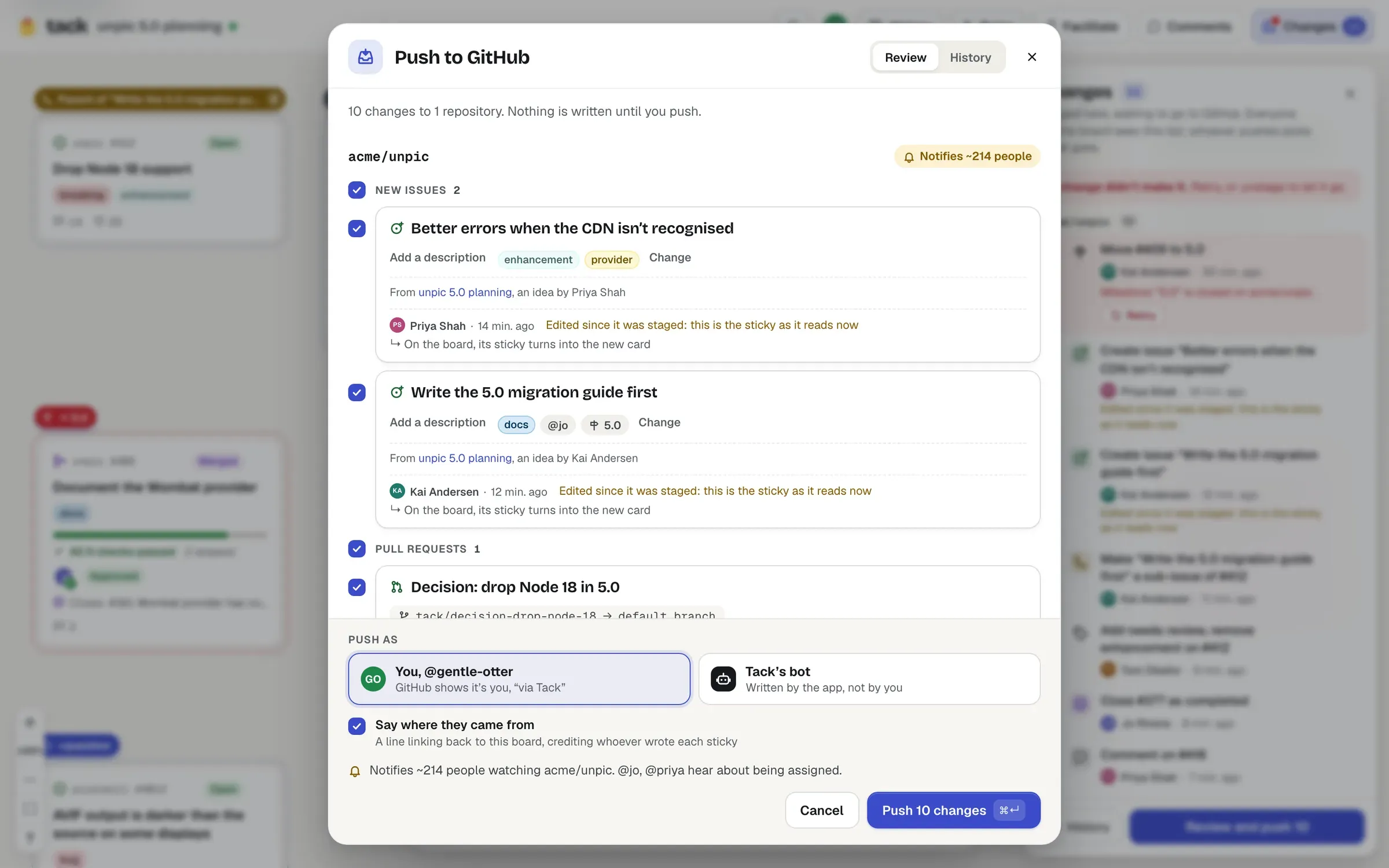 The push sheet, listing two new issues with their bodies and labels, a pull request, and the choice between pushing as yourself or as Tack's bot.