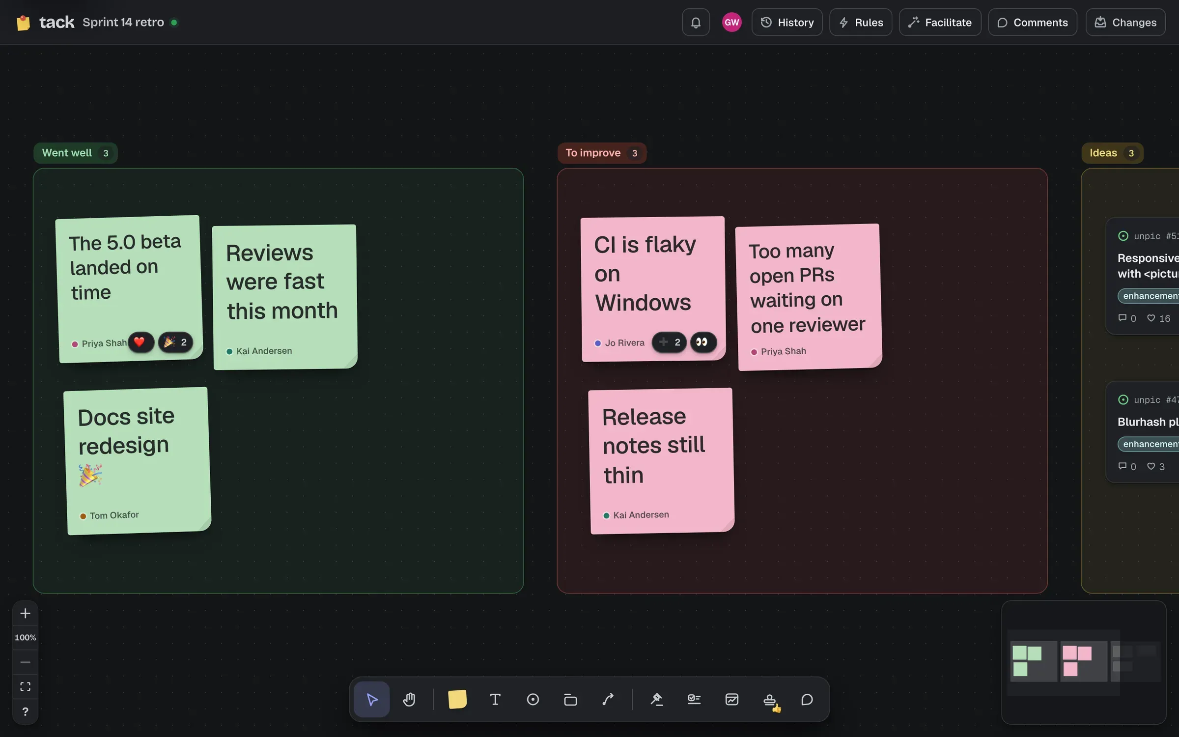 A retro board with sections for what went well, what to improve and ideas, with stickies, stamps on a card and a cursor.