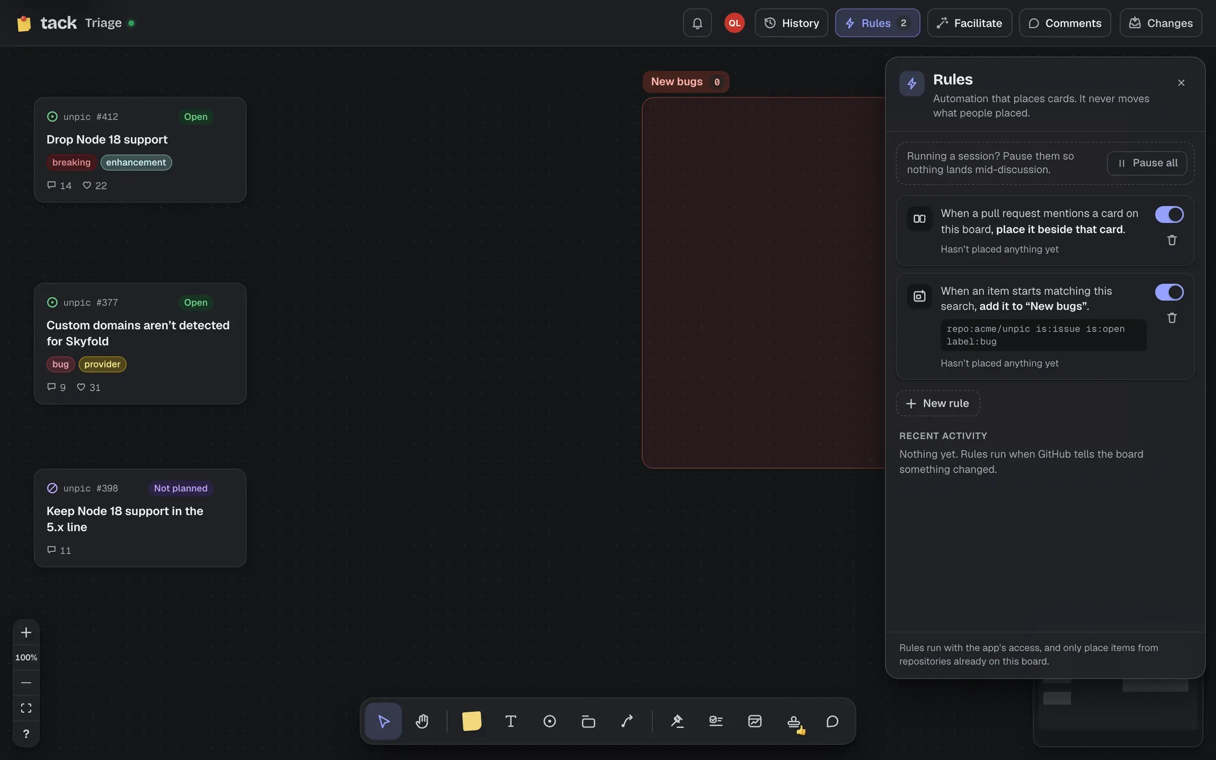 The rules panel beside a board: two rules, one placing pull requests beside the issues they mention and one adding new bugs to a section, each with a switch to pause it.