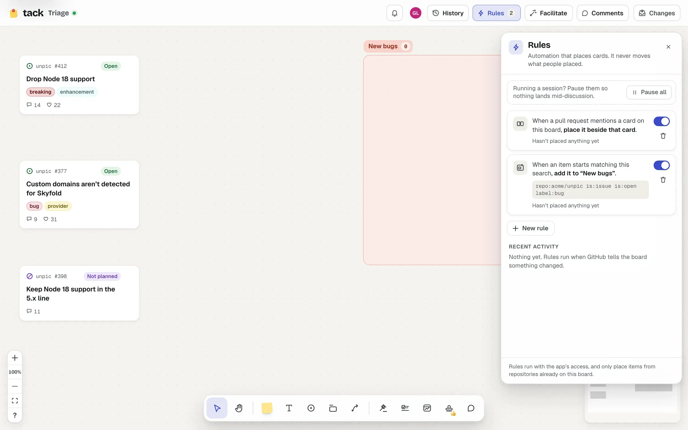 The rules panel beside a board: two rules, one placing pull requests beside the issues they mention and one adding new bugs to a section, each with a switch to pause it.