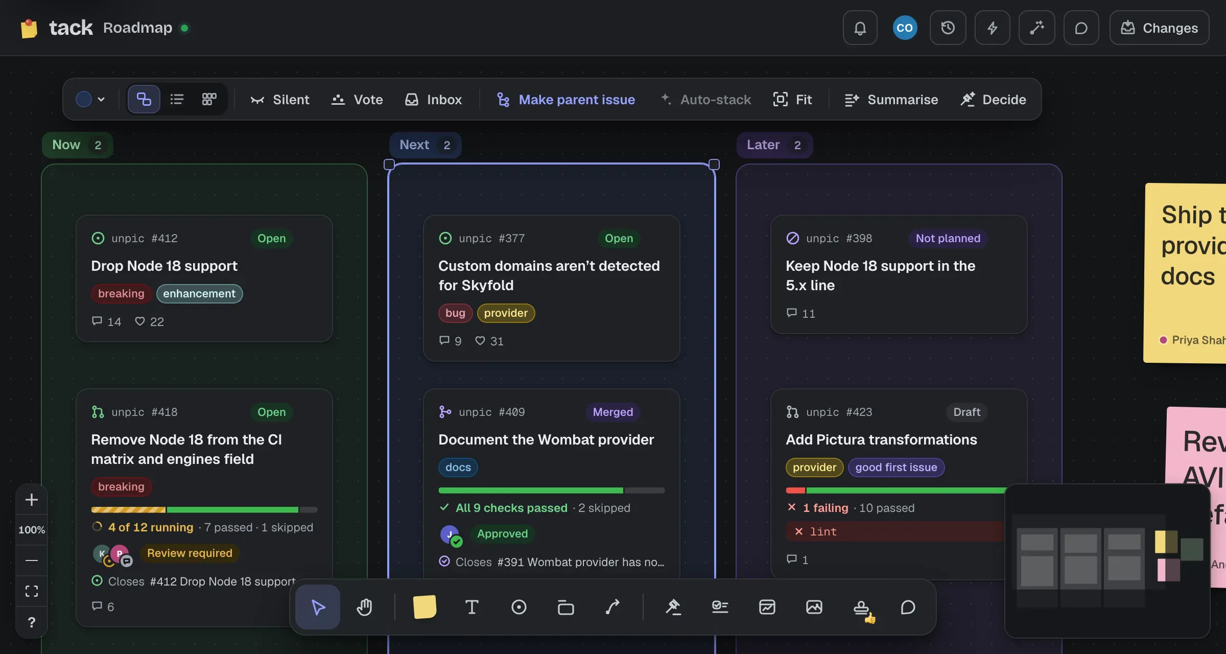 The Next section selected, with one bar over its title: its colour, the display switch, Silent, Vote and Inbox, then Make parent issue, Auto-stack and Fit, then Summarise and Decide.