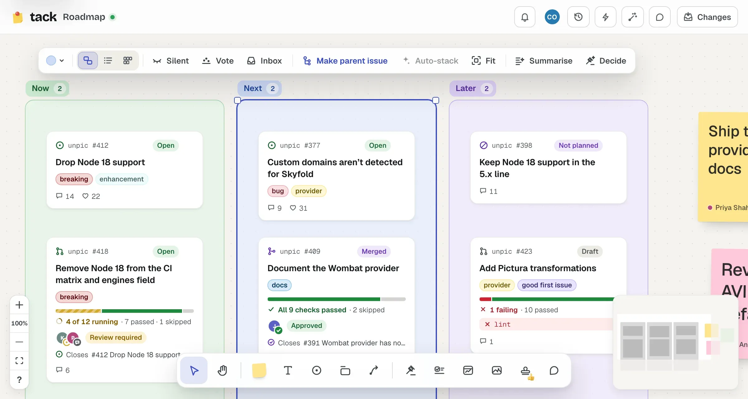 The Next section selected, with one bar over its title: its colour, the display switch, Silent, Vote and Inbox, then Make parent issue, Auto-stack and Fit, then Summarise and Decide.