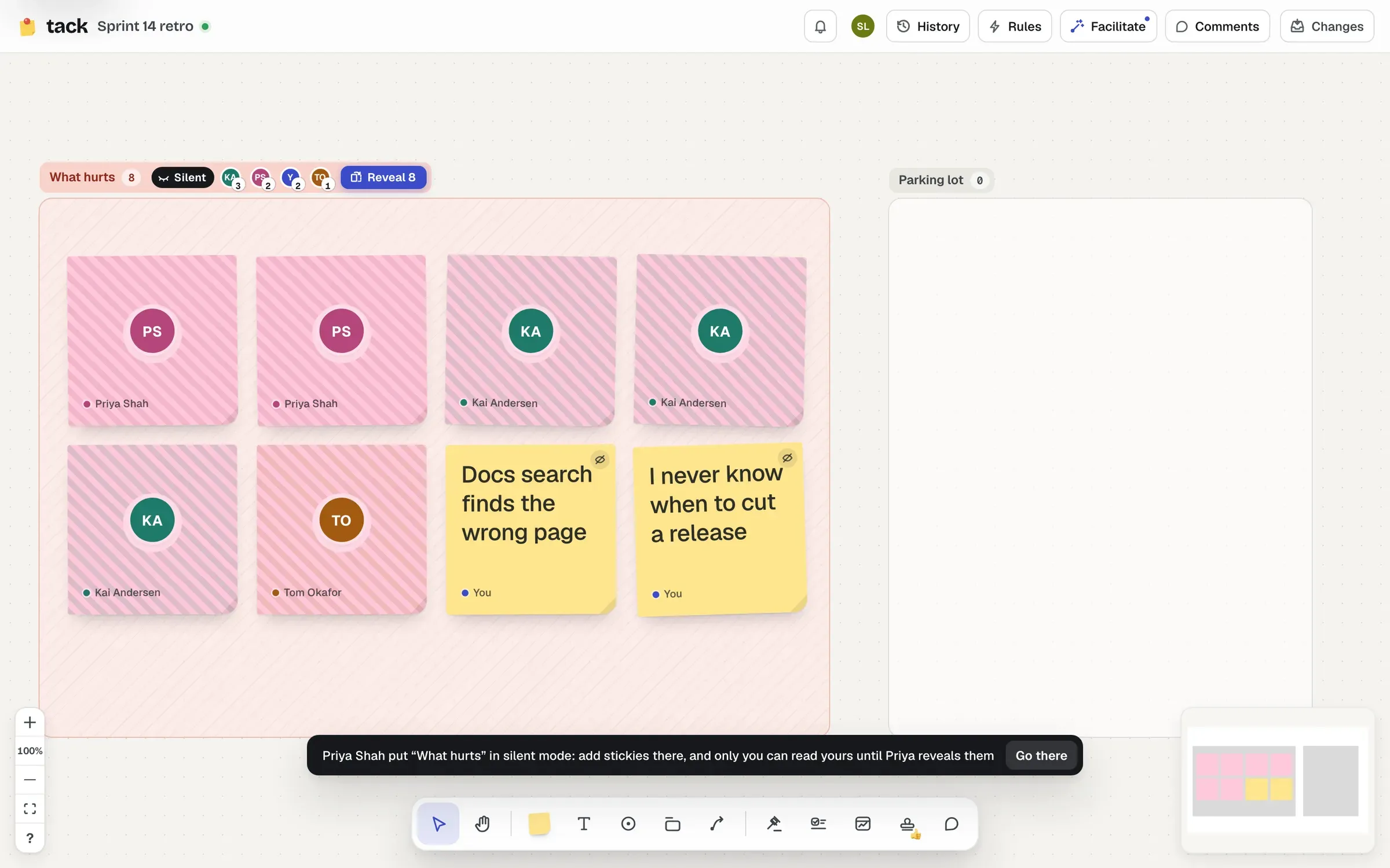 A section called What hurts in silent mode: other people's stickies lie face down with their authors' initials, and the header shows Silent, counts per person and Reveal 8.