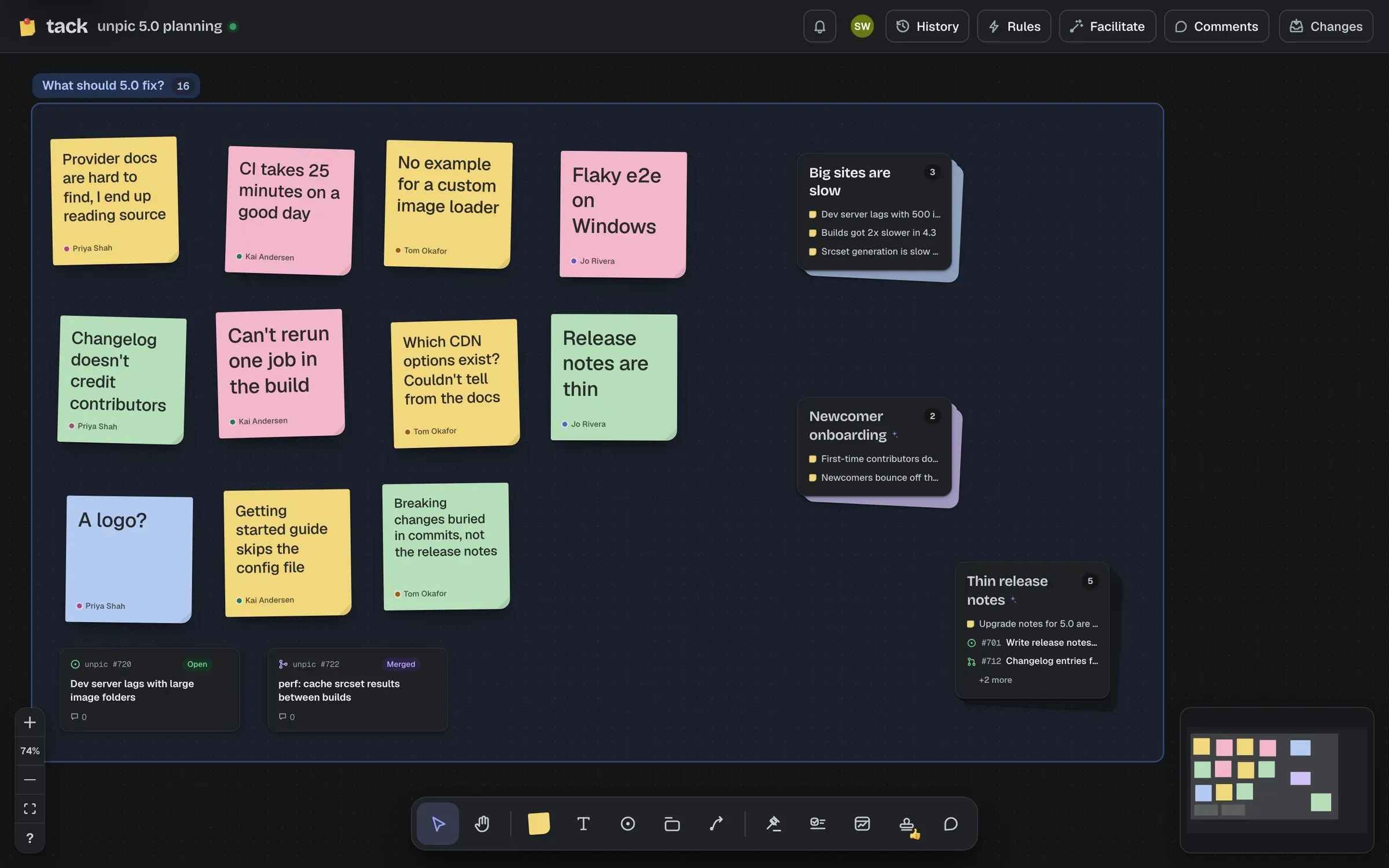 A section of stickies about what unpic 5.0 should fix, and three stacks beside it: Big sites are slow, Newcomer onboarding and Thin release notes, each with its count and its first few stickies, issues and pull requests a line each.