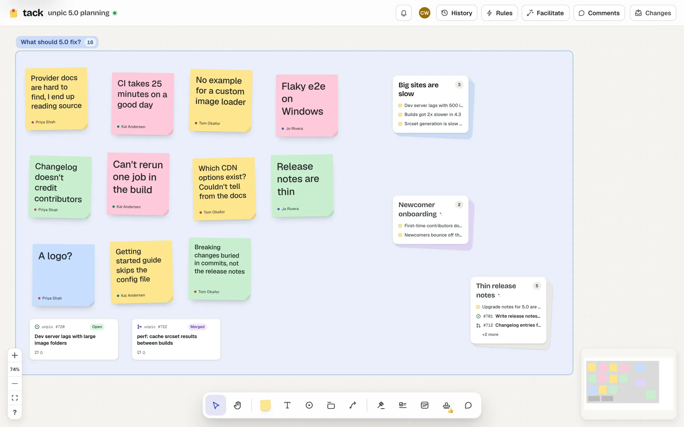 A section of stickies about what unpic 5.0 should fix, and three stacks beside it: Big sites are slow, Newcomer onboarding and Thin release notes, each with its count and its first few stickies, issues and pull requests a line each.