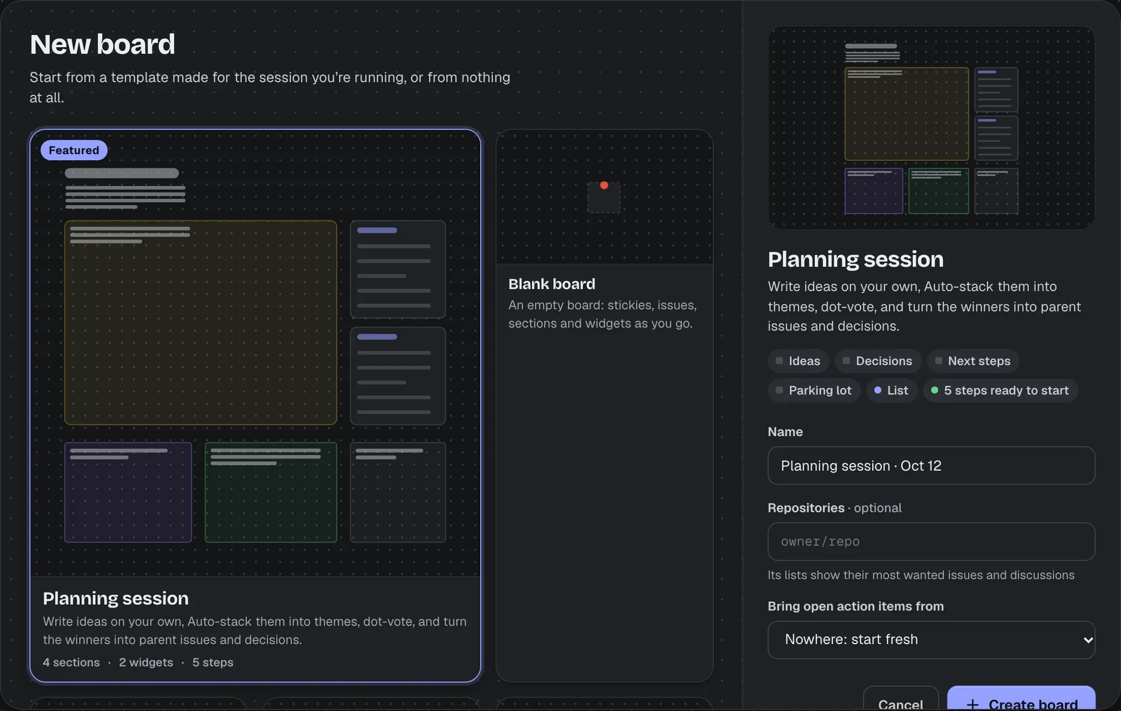 New board: the Planning session template selected, with a sketch of its sections and lists, what's in it (its sections, a list and five steps ready to start), its name, optional repositories and where to bring open action items from; the other templates and a Blank board beside it.