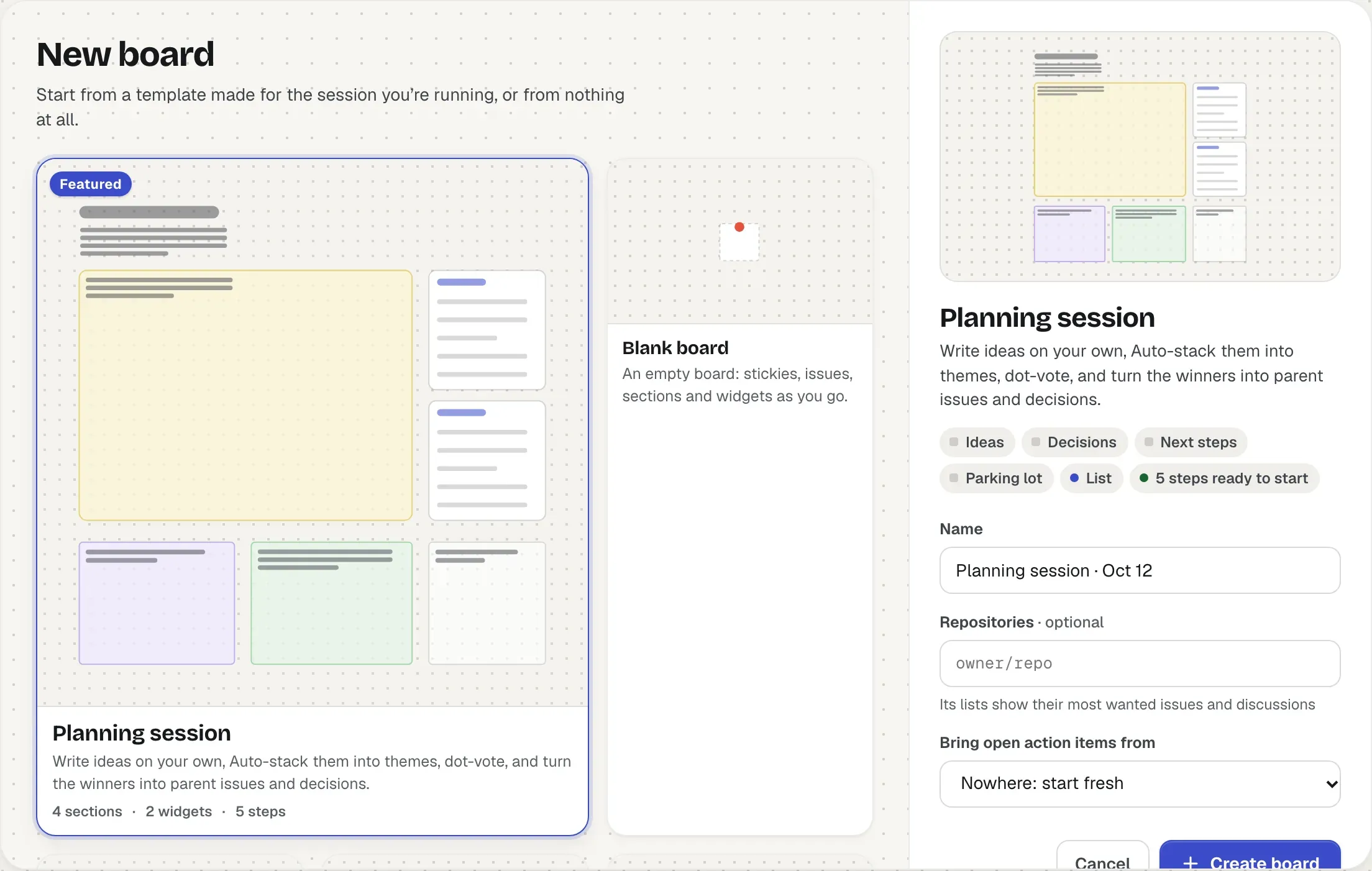 New board: the Planning session template selected, with a sketch of its sections and lists, what's in it (its sections, a list and five steps ready to start), its name, optional repositories and where to bring open action items from; the other templates and a Blank board beside it.