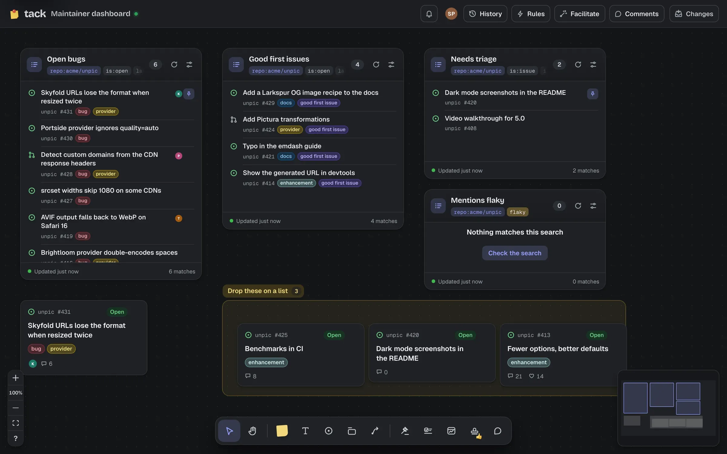 Lists on a board: open bugs, good first issues and needs triage, each with rows of issues showing labels and assignees, and a section of cards below to drop on them.