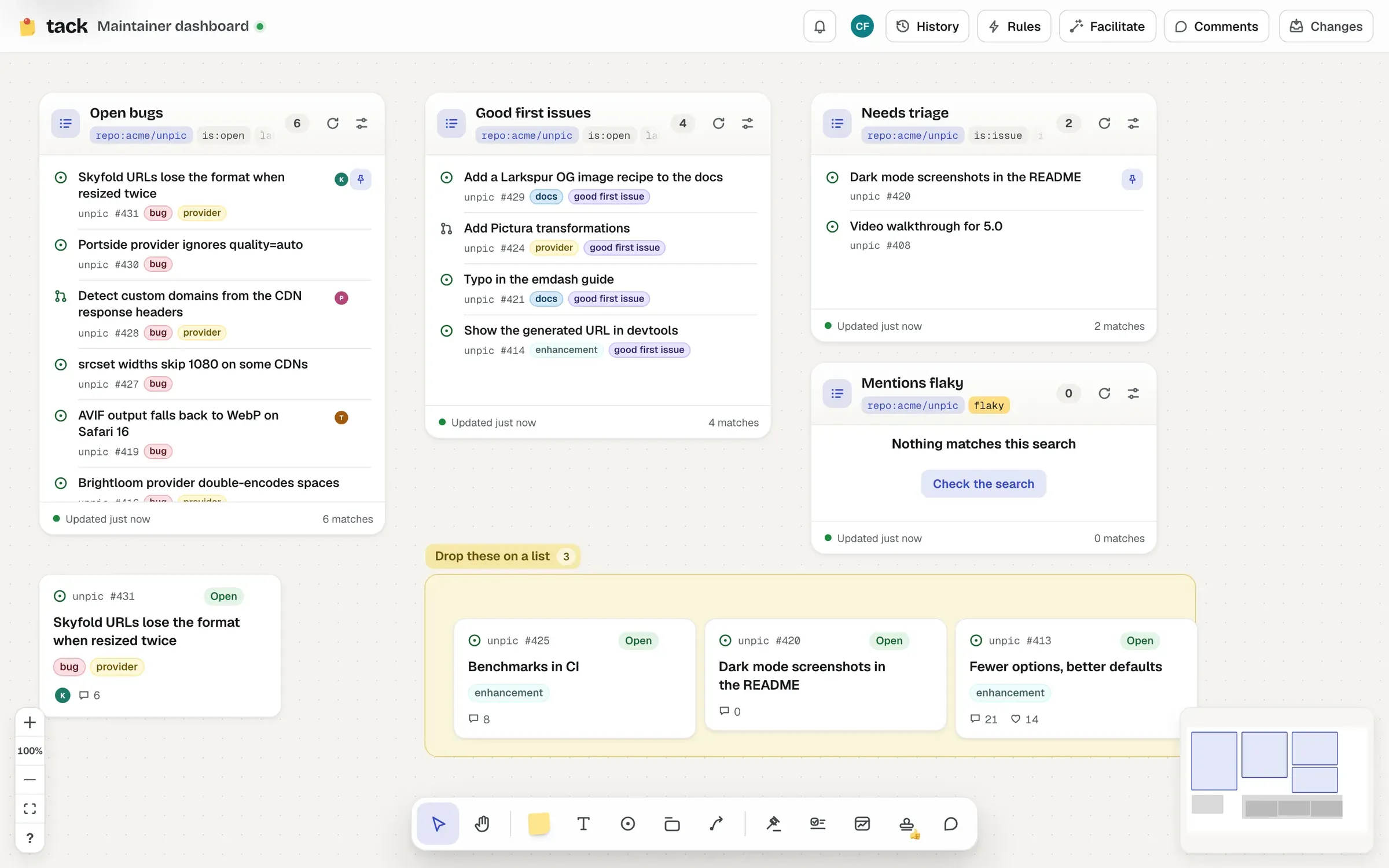 Lists on a board: open bugs, good first issues and needs triage, each with rows of issues showing labels and assignees, and a section of cards below to drop on them.